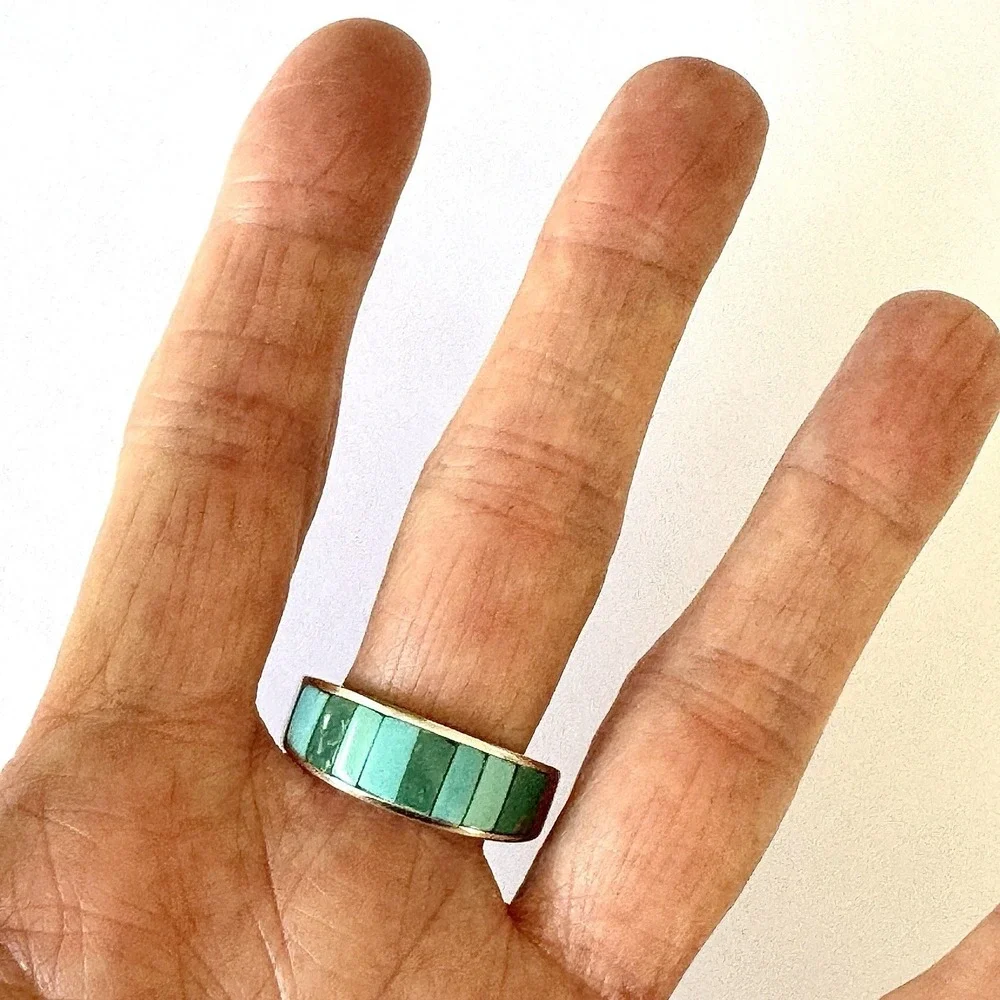 Navajo Mens Wedding Band Turquoise Inlay Sz 11.5 Ring 8mm Signed Tsosie Native